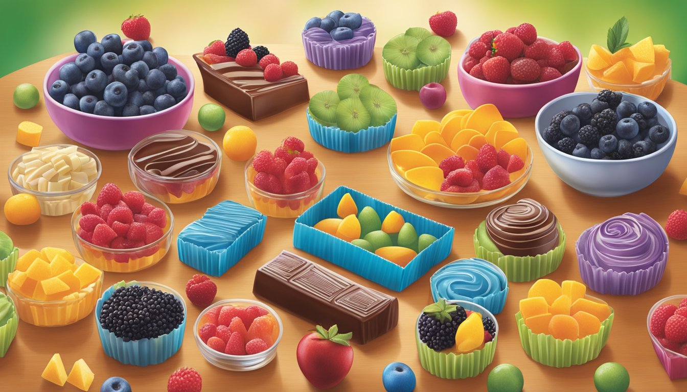 A colorful array of Welch's fruit snacks arranged around a variety of decadent desserts, with a focus on the vibrant, natural ingredients used