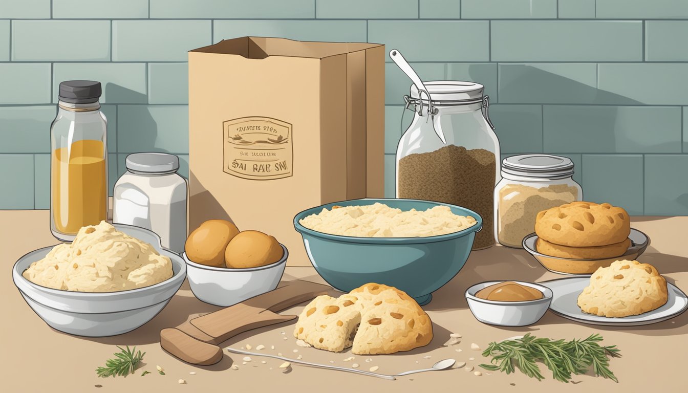 A kitchen counter with a box of scone mix, savory ingredients, and baking utensils scattered around