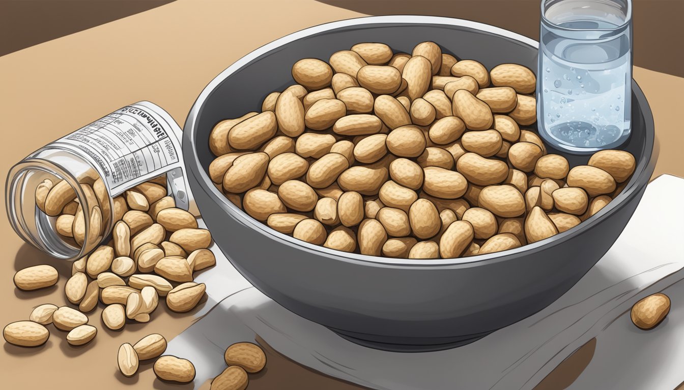 A bowl of Planters Peanuts surrounded by fresh peanuts, a glass of water, and a nutritional information label