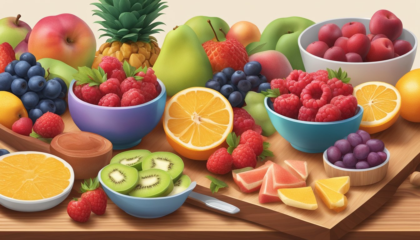 A colorful array of fresh fruit and Welch's fruit snacks arranged on a wooden cutting board, surrounded by various dessert ingredients and utensils