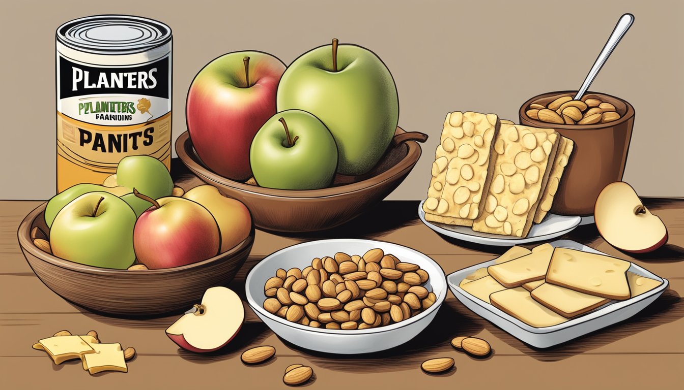 A bowl of Planters Peanuts sits next to a plate of sliced apples, cheese, and crackers, creating a delicious snack pairing