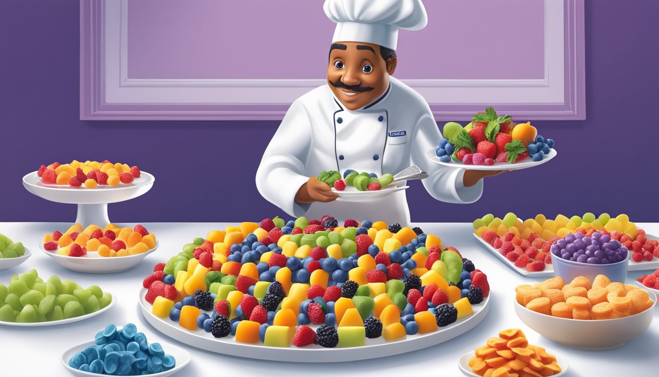 A chef carefully arranges a variety of colorful Welch's fruit snacks on a pristine white dessert platter, creating an enticing display of delicious, regulation-compliant desserts