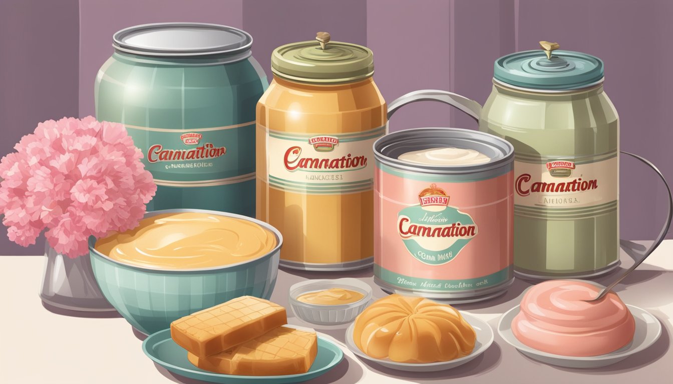 A vintage kitchen with cans of Carnation condensed milk, surrounded by ingredients and recipe books for various dessert recipes