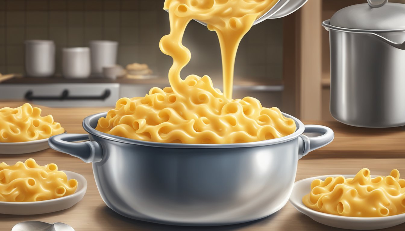 A bubbling pot of macaroni and cheese, with a creamy Velveeta cheese sauce being poured over the pasta. Steam rises from the dish, creating a comforting and inviting scene