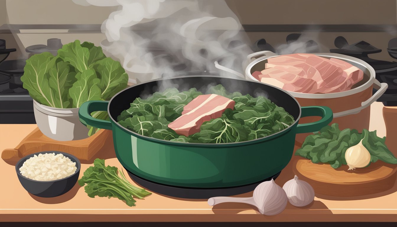 A steaming pot of collard greens simmering on a stovetop, surrounded by ingredients like onions, garlic, and smoked ham hock