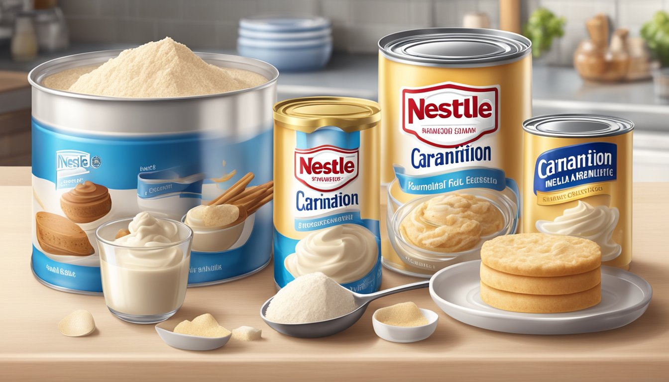 A can of Nestle Carnation condensed milk surrounded by essential dessert ingredients like flour, sugar, and vanilla extract on a kitchen counter