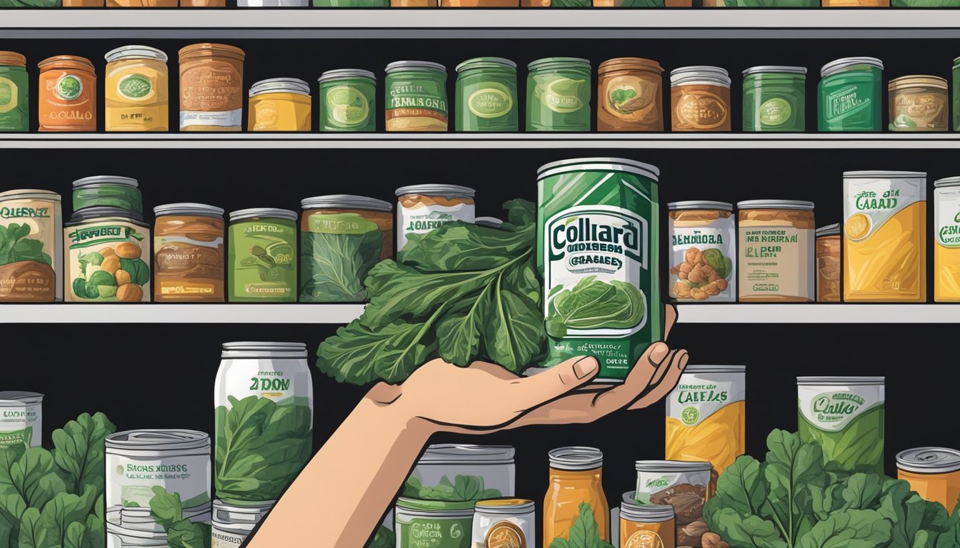 A hand reaching for a can of collard greens on a pantry shelf, surrounded by other canned goods