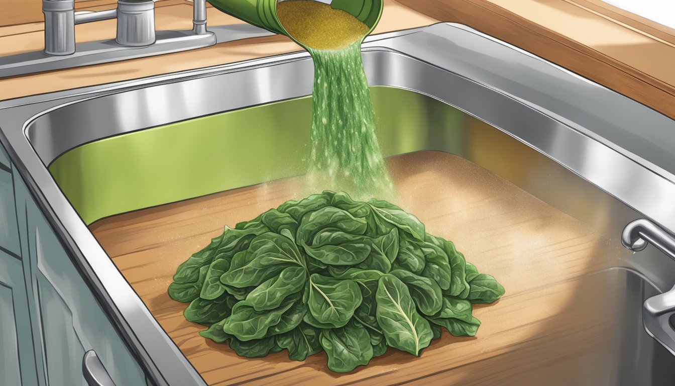 A can of collard greens being rinsed under running water and then seasoned with salt and pepper in a kitchen setting