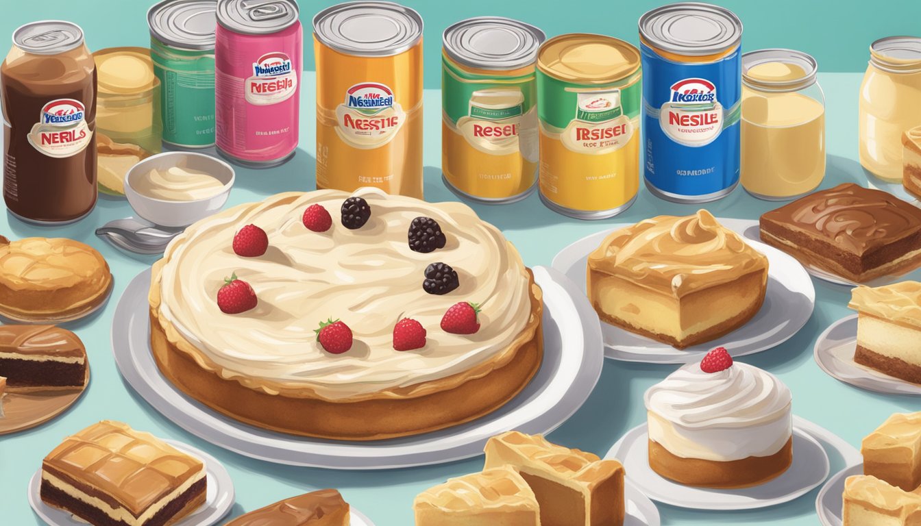 A table filled with various cakes and pies, surrounded by cans of Nestle Carnation condensed milk, and open recipe books