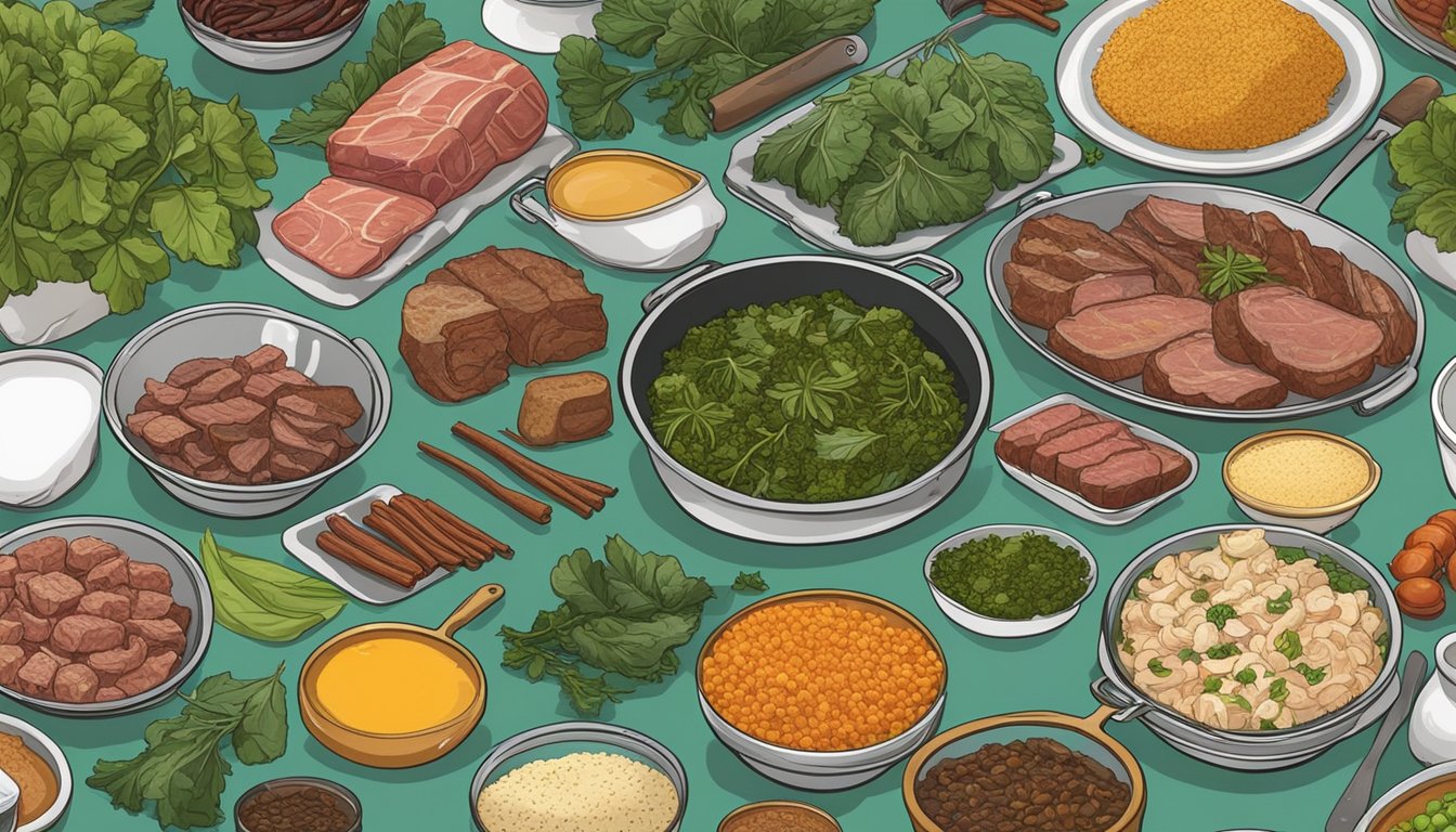 A colorful kitchen counter with open cans of collard greens, various meats, and meat alternatives, surrounded by cooking utensils and spices