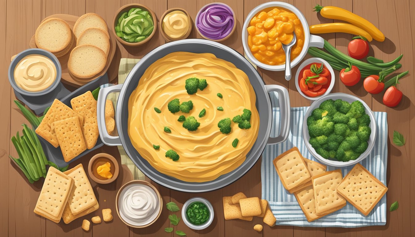 A cozy kitchen counter with an array of warm, gooey Velveeta cheese dips and spreads surrounded by fresh bread, crackers, and colorful veggies