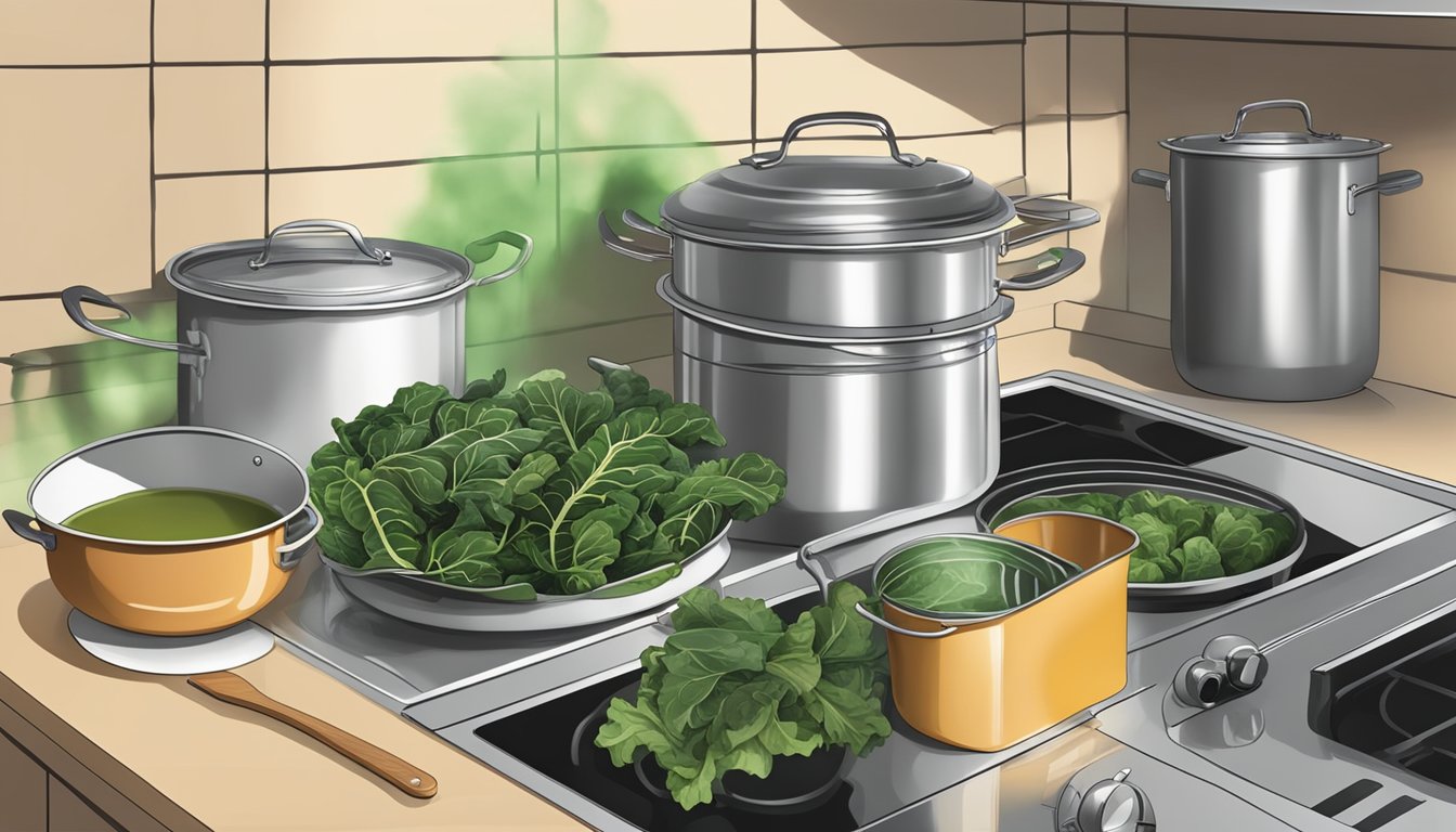 A kitchen counter with open cans of collard greens, a pot on a stove, and steam rising as the greens are reheated