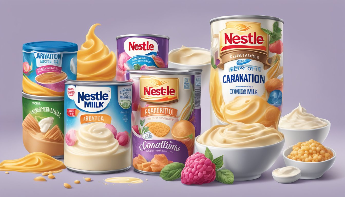 A colorful array of ingredients and flavorings surround a can of Nestle Carnation condensed milk, ready to be used in dessert recipes