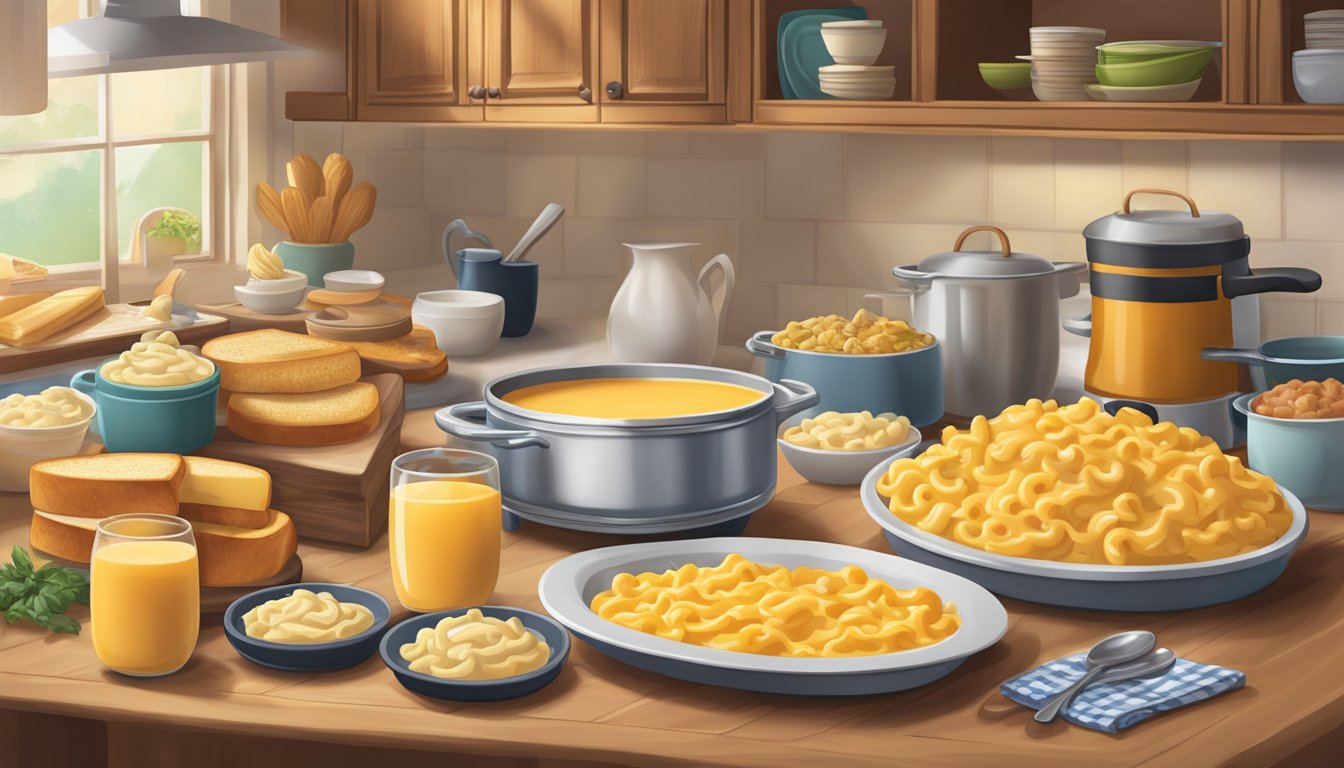 A cozy kitchen with a bubbling pot of Velveeta cheese sauce, surrounded by various comforting dishes like mac and cheese, grilled cheese, and creamy pasta