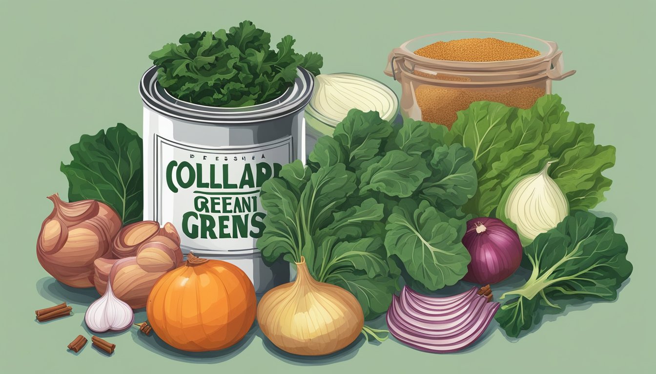 A can of collard greens surrounded by ingredients like bacon, onions, and spices on a kitchen counter