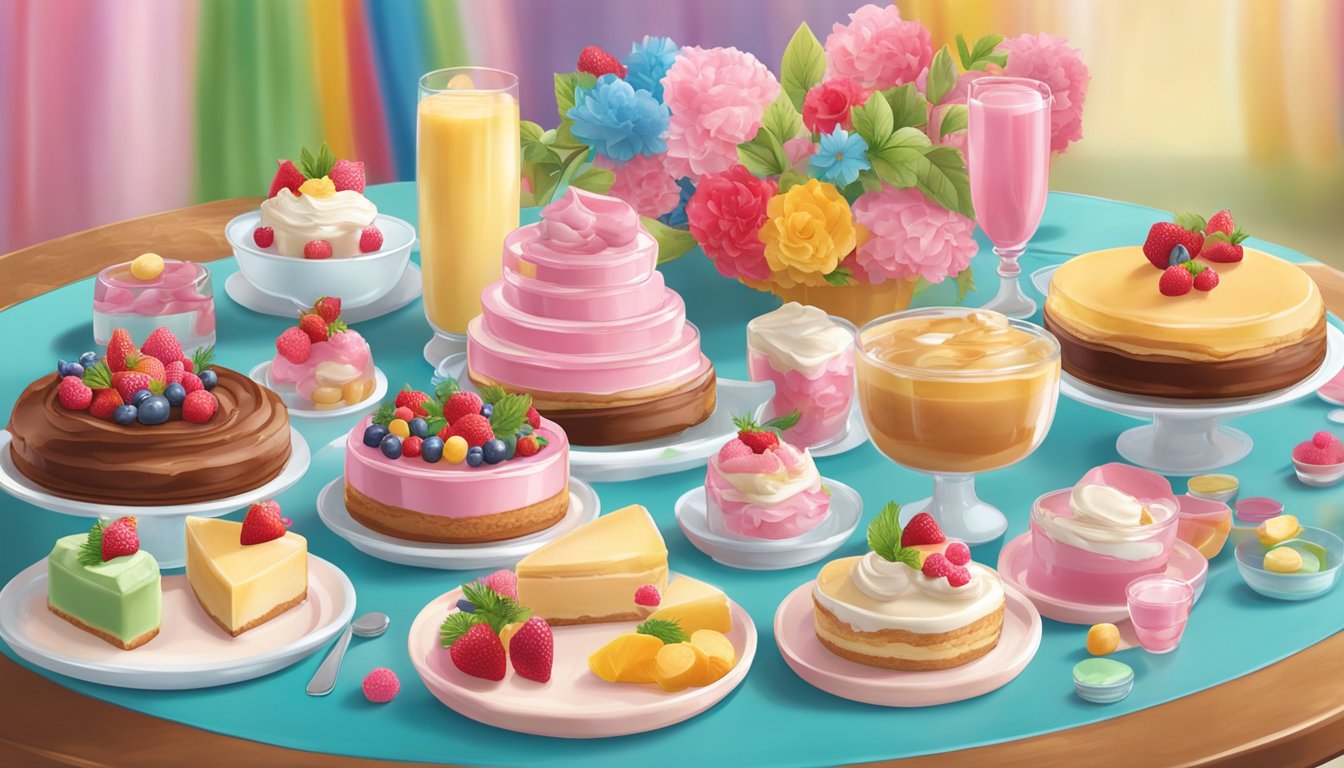 A table set with various desserts made with Nestle Carnation condensed milk, surrounded by colorful decorations and presentation props