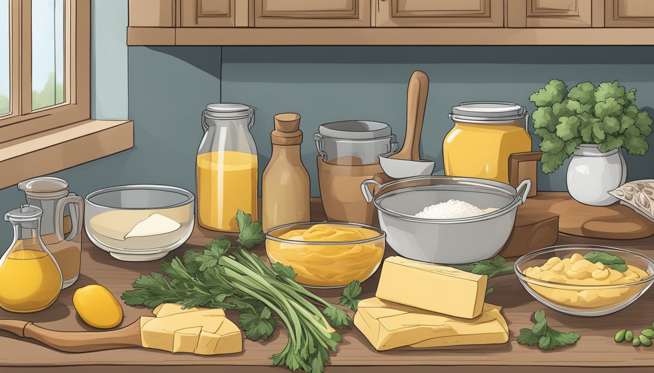 A cozy kitchen with various ingredients and utensils laid out for making homemade Velveeta alternatives