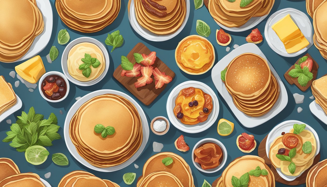 A colorful array of pancakes in various shapes and sizes, topped with an assortment of savory ingredients like bacon, cheese, and herbs