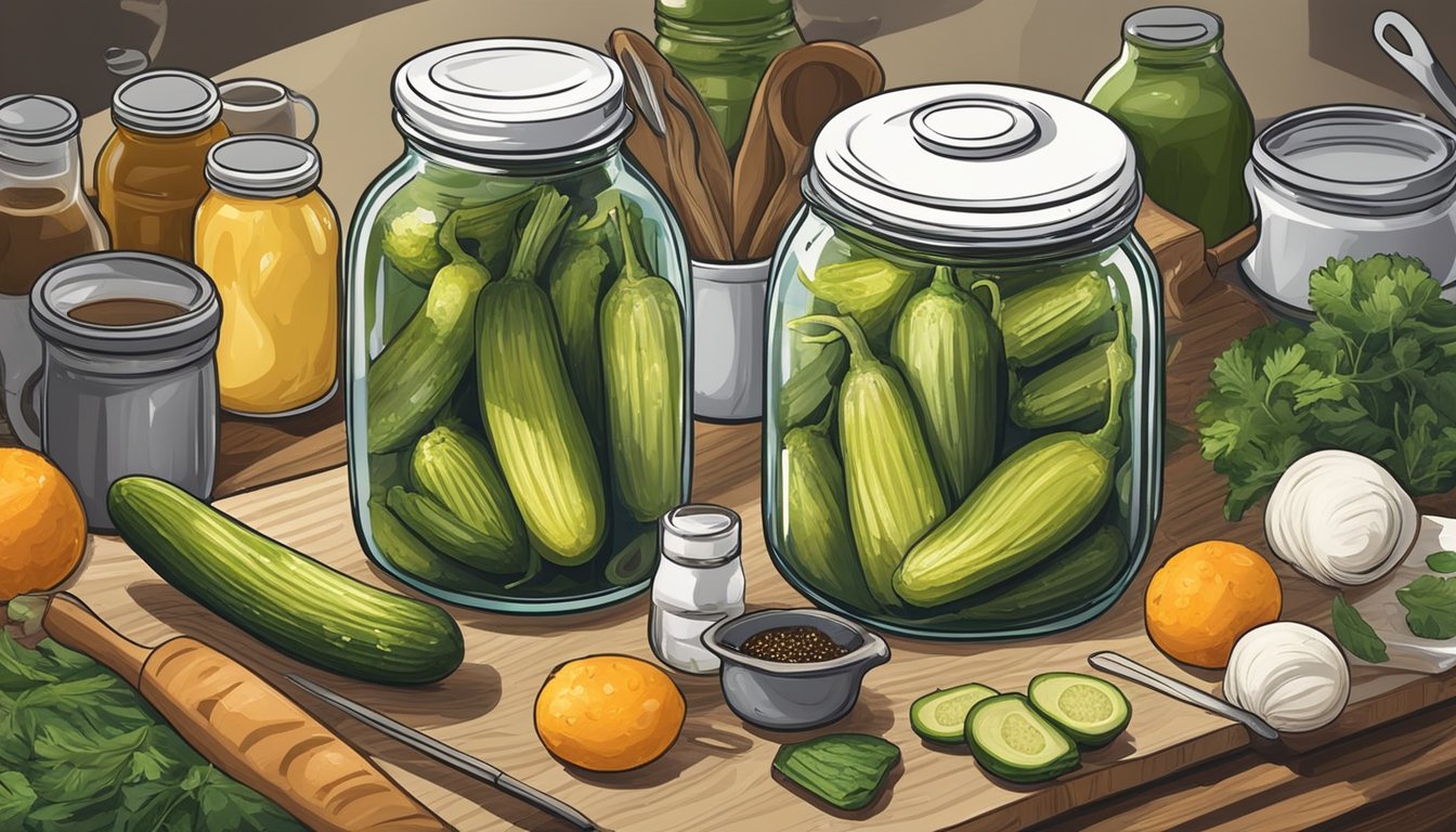 A jar of Vlasic pickles surrounded by various kitchen utensils and ingredients, with a chef's hat and apron nearby, suggesting creative cooking tips and hacks