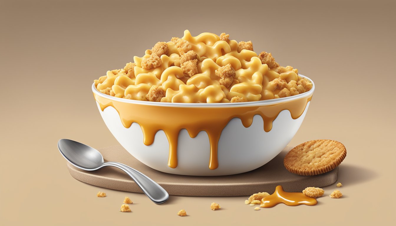 A creamy bowl of Kraft macaroni and cheese topped with crumbled cookies and drizzled with caramel sauce