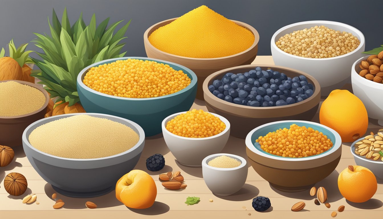 A kitchen counter with bowls of instant couscous, surrounded by various colorful ingredients like fruits, nuts, and seeds