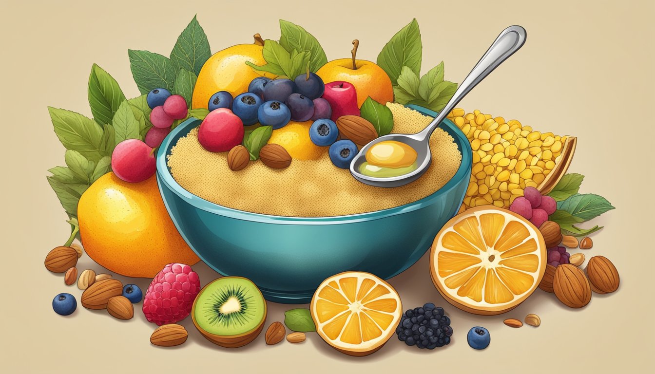 A colorful array of fresh fruits, nuts, and honey arranged around a steaming bowl of couscous, with a spoon resting on the side