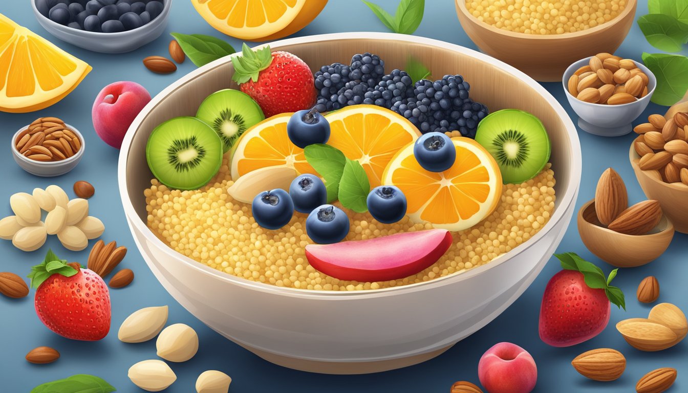 A colorful array of fresh fruits, nuts, and seeds adorning a bowl of steaming instant couscous, creating a visually appealing breakfast scene