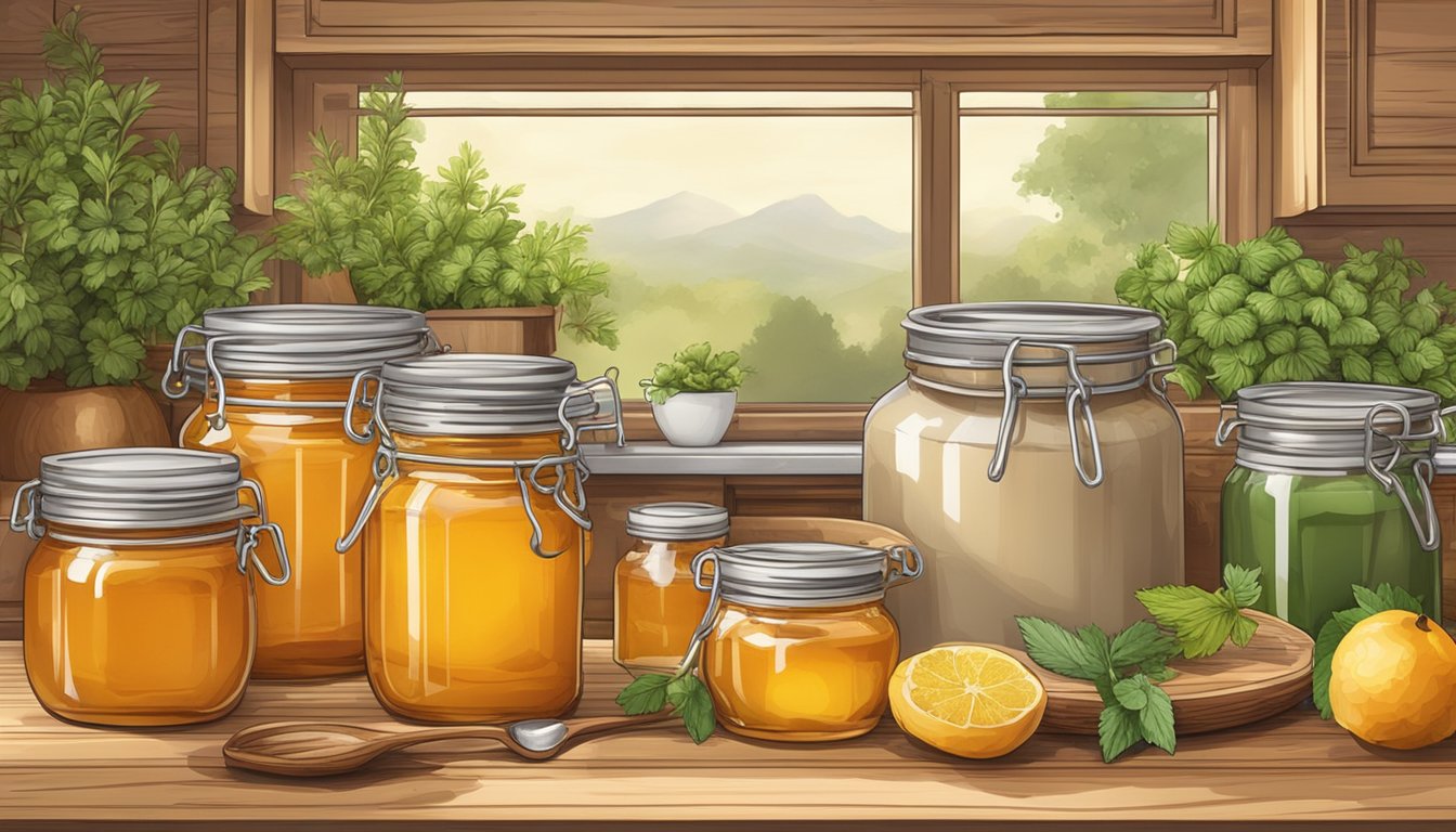 A rustic kitchen counter with jars of honey, maple syrup, and fruit, surrounded by fresh herbs and spices