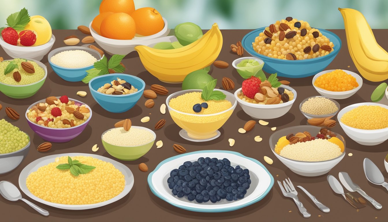 A table set with colorful bowls of couscous topped with fresh fruit and nuts, surrounded by a variety of breakfast toppings and utensils