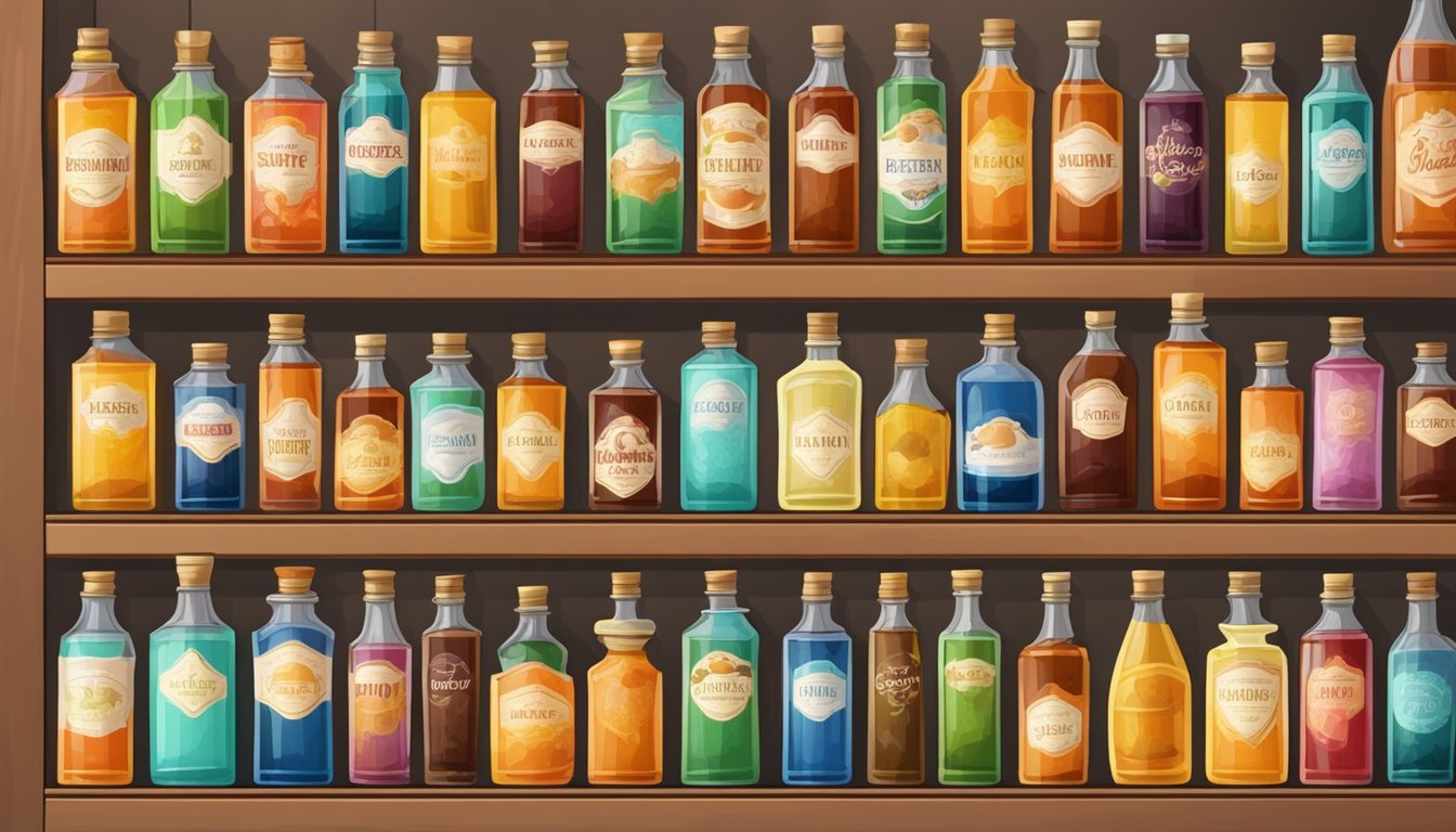 A collection of colorful glass bottles filled with various flavored syrups, neatly arranged on a wooden shelf in a cozy kitchen