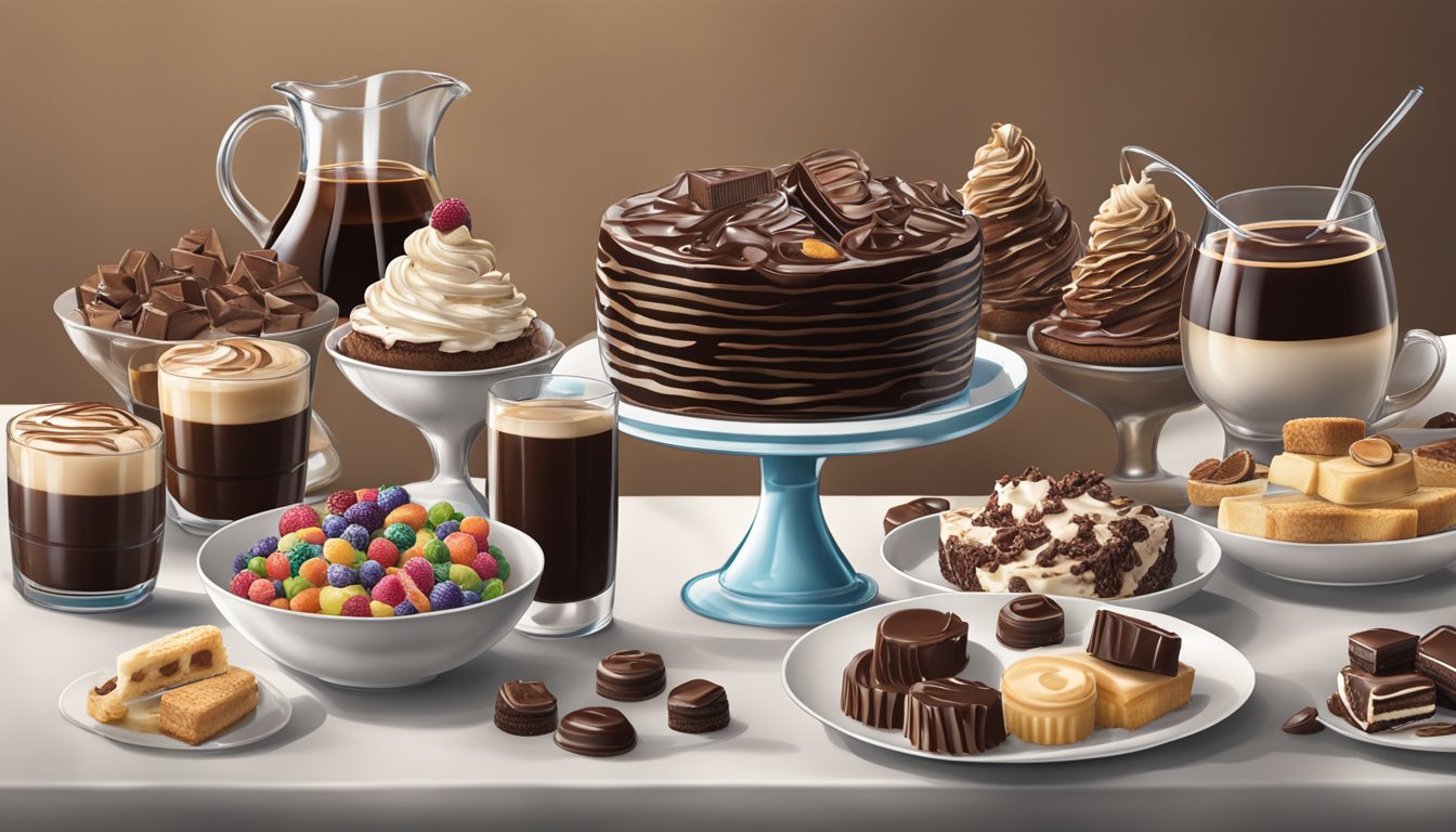 A festive table spread with a variety of desserts and drinks, each featuring Hershey's chocolate syrup in creative and enticing ways