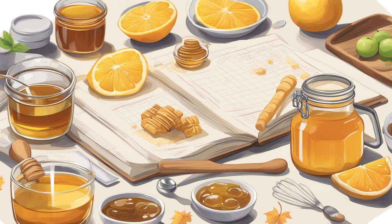 A table with various ingredients such as honey, maple syrup, and fruit, along with measuring cups and spoons. A notebook with handwritten recipes and nutritional information charts sits next to the ingredients