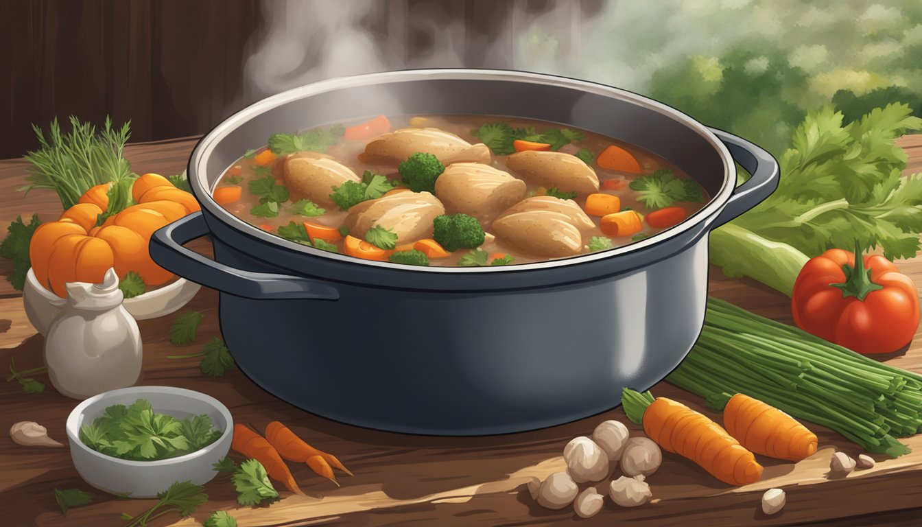 A steaming pot of Dinty Moore chicken stew sits on a rustic wooden table, surrounded by fresh vegetables and herbs