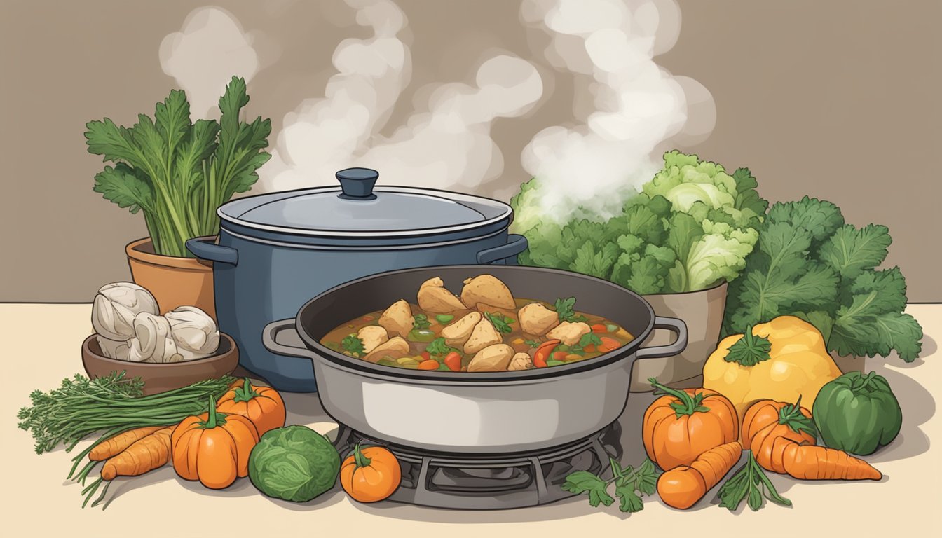 A steaming bowl of Dinty Moore chicken stew surrounded by fresh vegetables and herbs, with a pot simmering on a stove