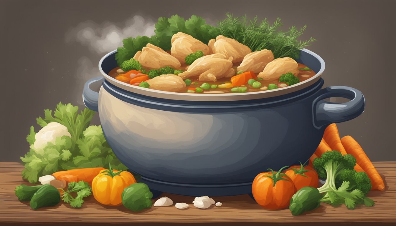 A steaming bowl of Dinty Moore Chicken Stew surrounded by fresh vegetables and herbs on a rustic wooden table