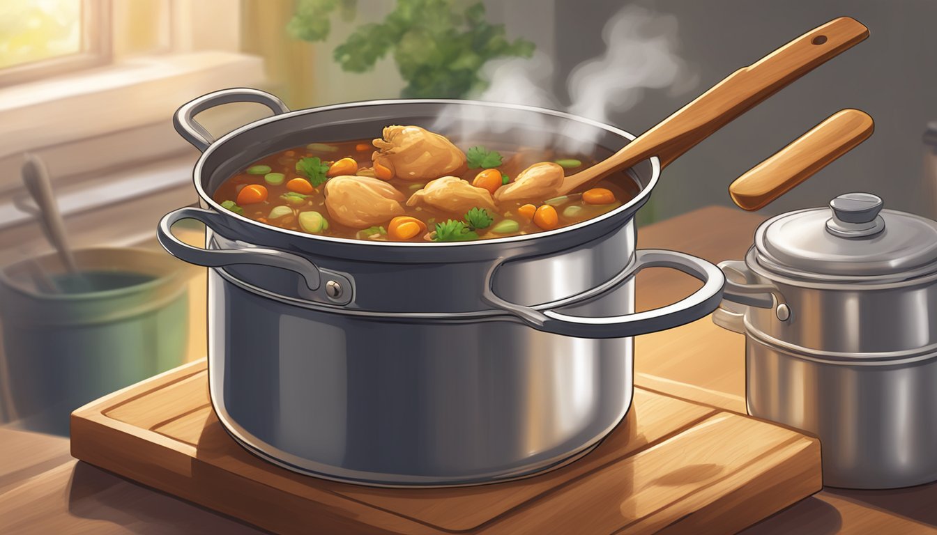 A pot of Dinty Moore chicken stew simmering on a stovetop, with steam rising and a wooden spoon stirring the hearty mixture