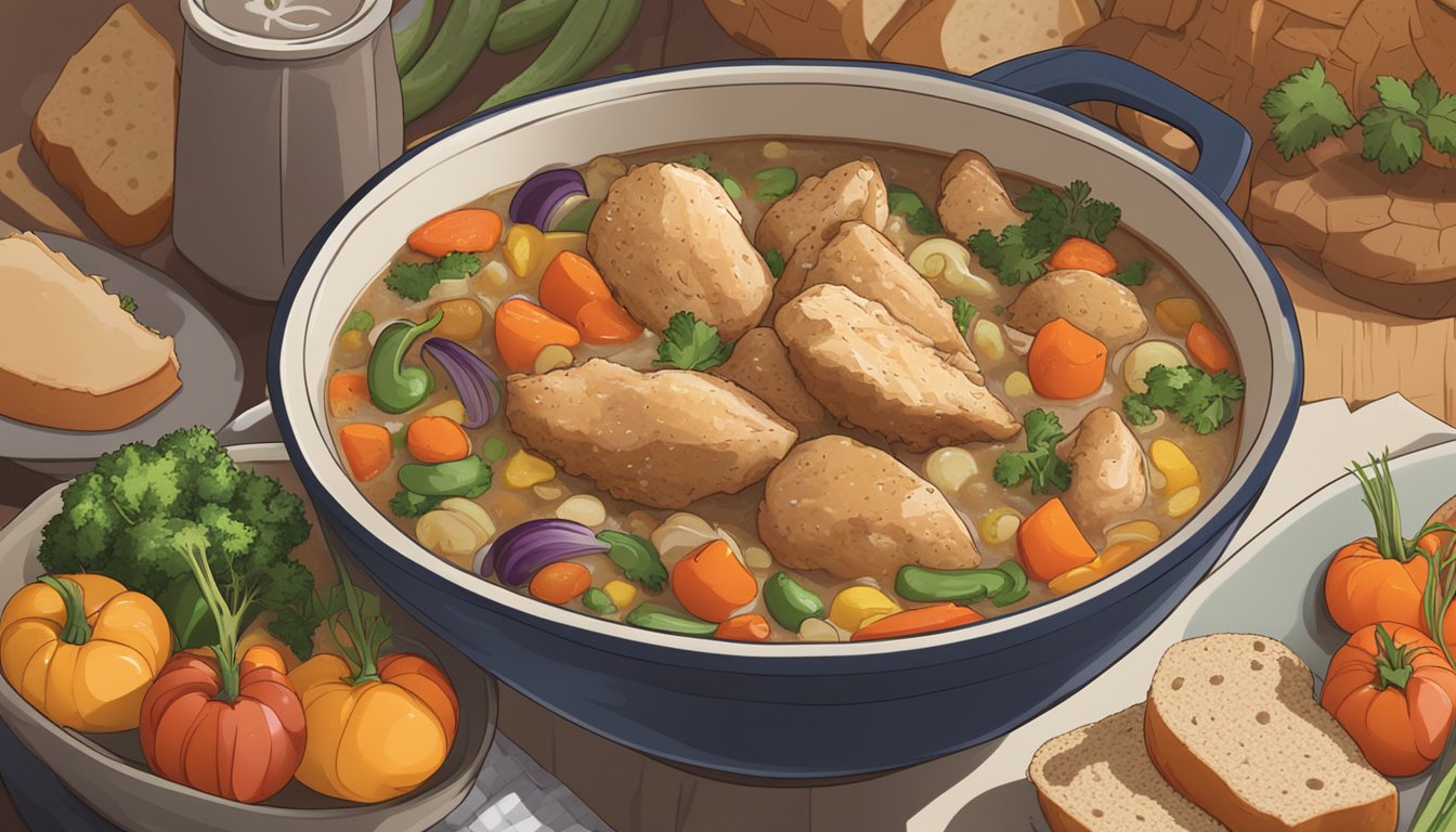 A steaming bowl of Dinty Moore chicken stew surrounded by colorful vegetables and a side of whole grain bread