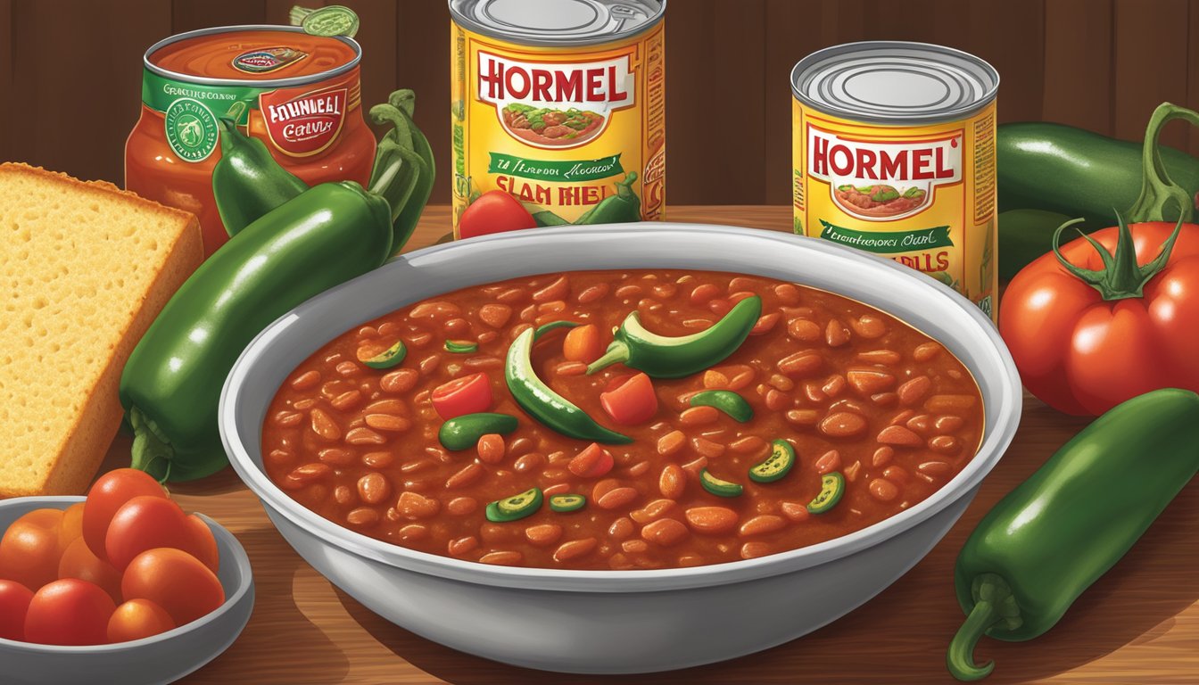 A steaming bowl of Hormel canned chili surrounded by fresh tomatoes, onions, and jalapenos, with a side of warm cornbread