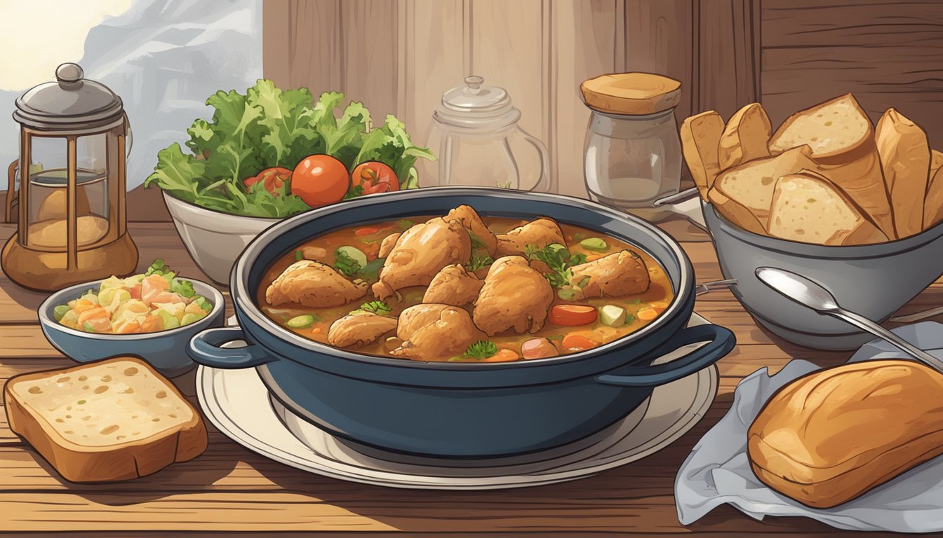 A steaming bowl of Dinty Moore chicken stew surrounded by fresh bread and a side salad on a rustic wooden table