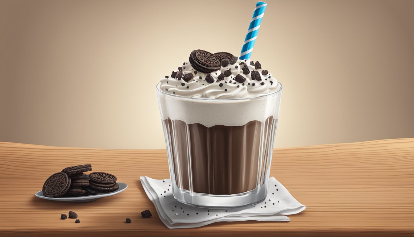 A glass of creamy oreo-infused milkshake with a whipped cream topping and crushed oreo cookie sprinkles on a wooden table