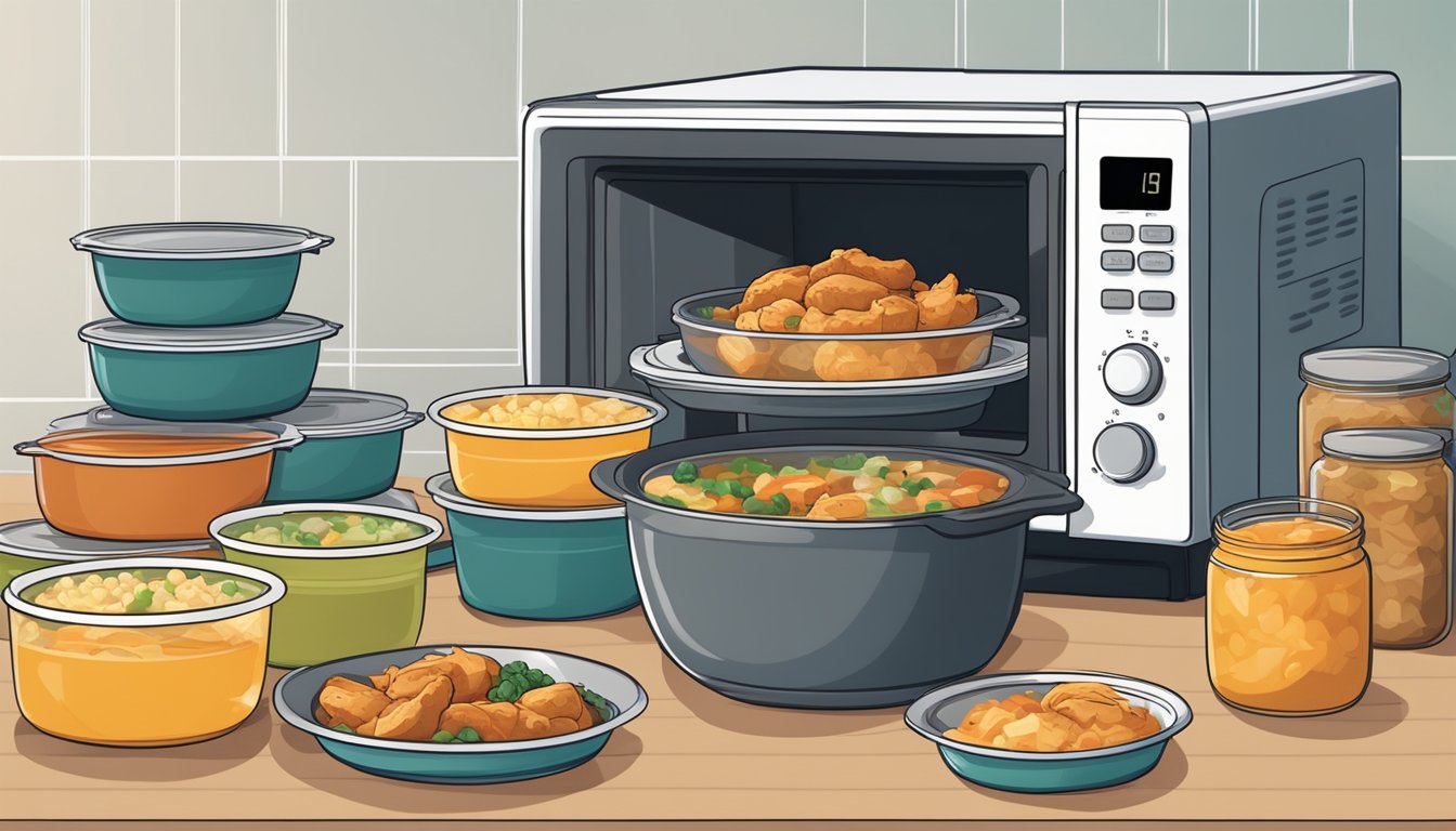 A microwave with a steaming bowl of Dinty Moore chicken stew next to a stack of meal prep containers