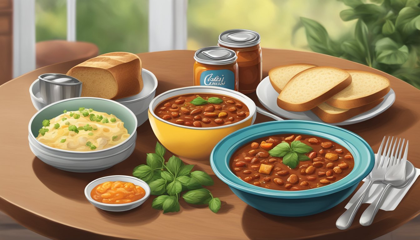 A dining table set with colorful dishes, a steaming bowl of Hormel canned chili, and garnished with fresh herbs and a side of warm bread