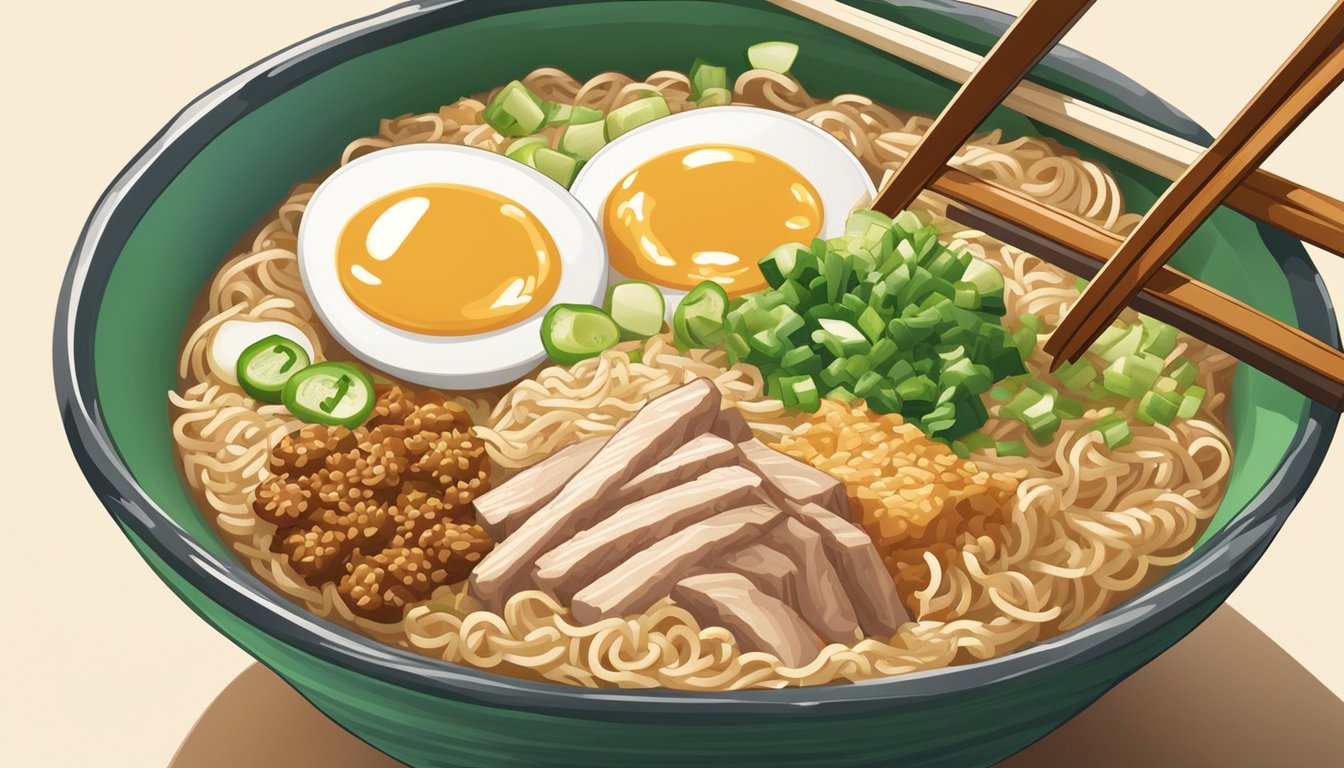 A steaming bowl of Maruchan instant lunch ramen surrounded by chopsticks, a spoon, and various toppings like green onions and sliced pork