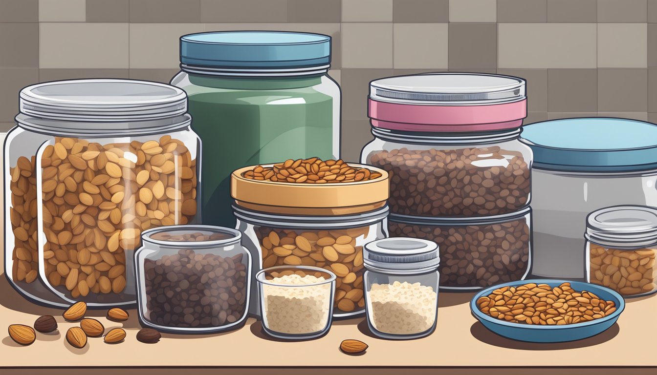 A kitchen counter lined with jars of nuts, seeds, and dried fruits. A bowl of oats and a container of protein powder sit next to a stack of reusable silicone molds