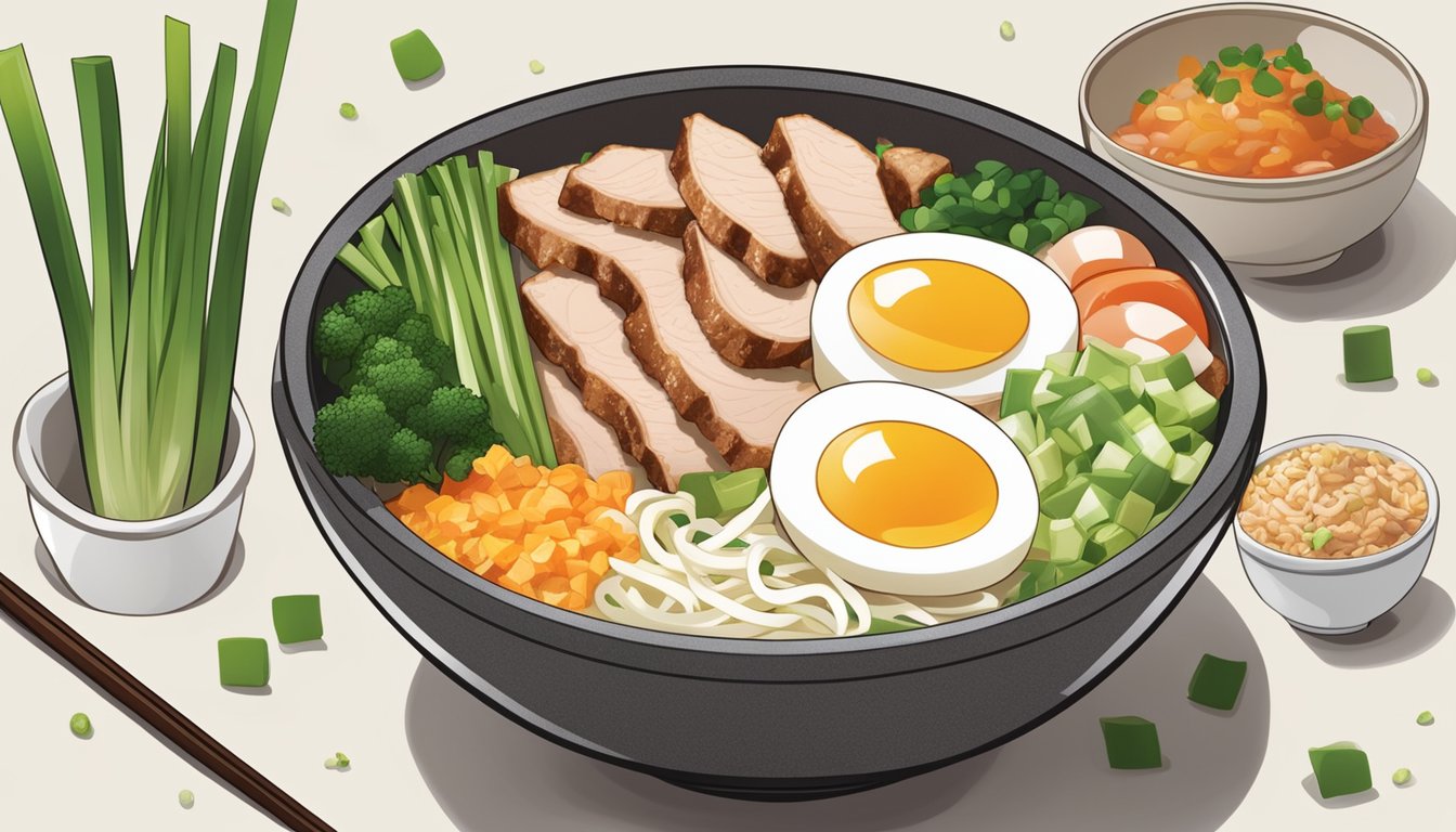 A steaming bowl of Maruchan instant lunch surrounded by fresh ingredients like sliced green onions, soft-boiled egg, and savory slices of pork