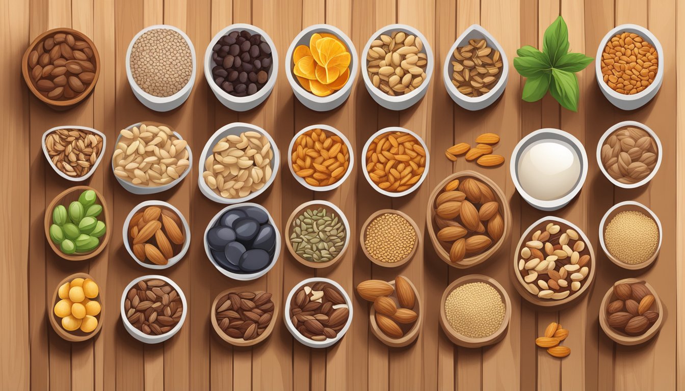 A variety of shelf-stable protein sources, such as nuts, seeds, and dried fruits, neatly arranged on a wooden countertop