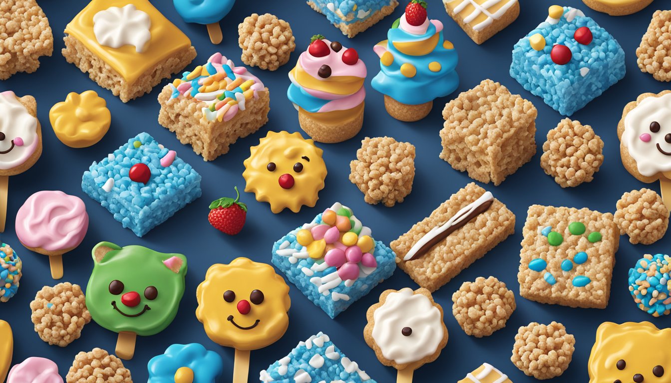 A colorful array of Kellogg's Rice Krispies treats in various shapes and sizes, adorned with creative toppings and drizzles