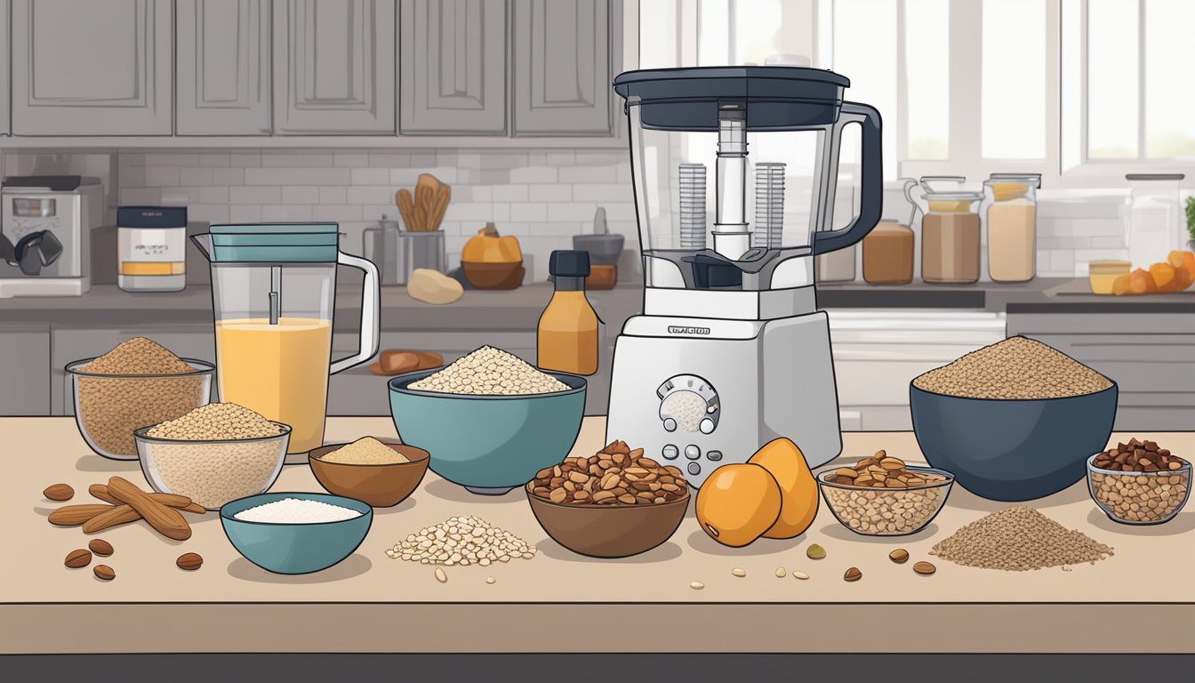 A countertop with assorted shelf-stable ingredients: oats, nuts, seeds, protein powder, and dried fruit. Mixing bowls, measuring cups, and a food processor are nearby