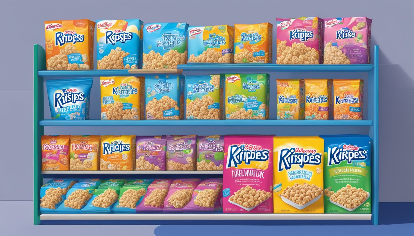 A colorful display of Kellogg's Rice Krispies Treat variations arranged on shelves with packaging and branding