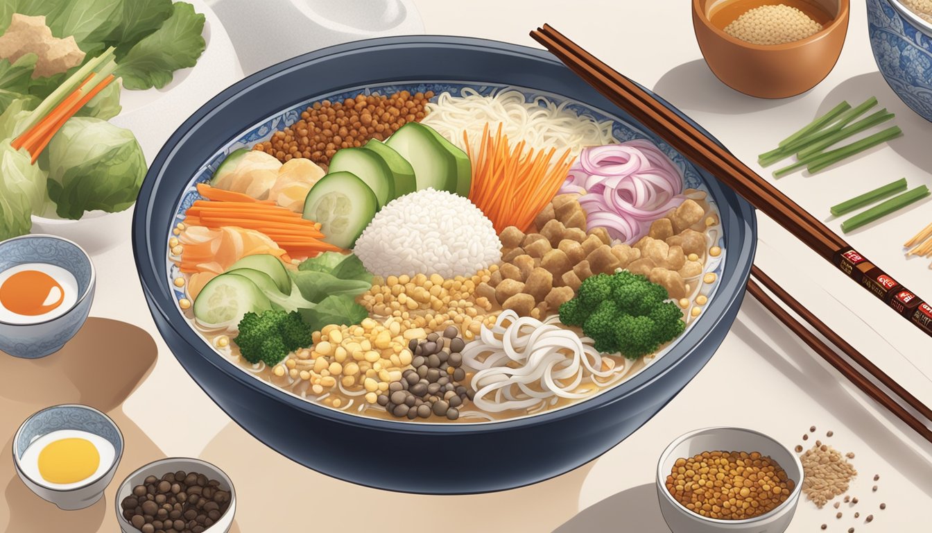 A steaming bowl of Maruchan instant lunch surrounded by various ingredients and spices, with chopsticks resting on the side